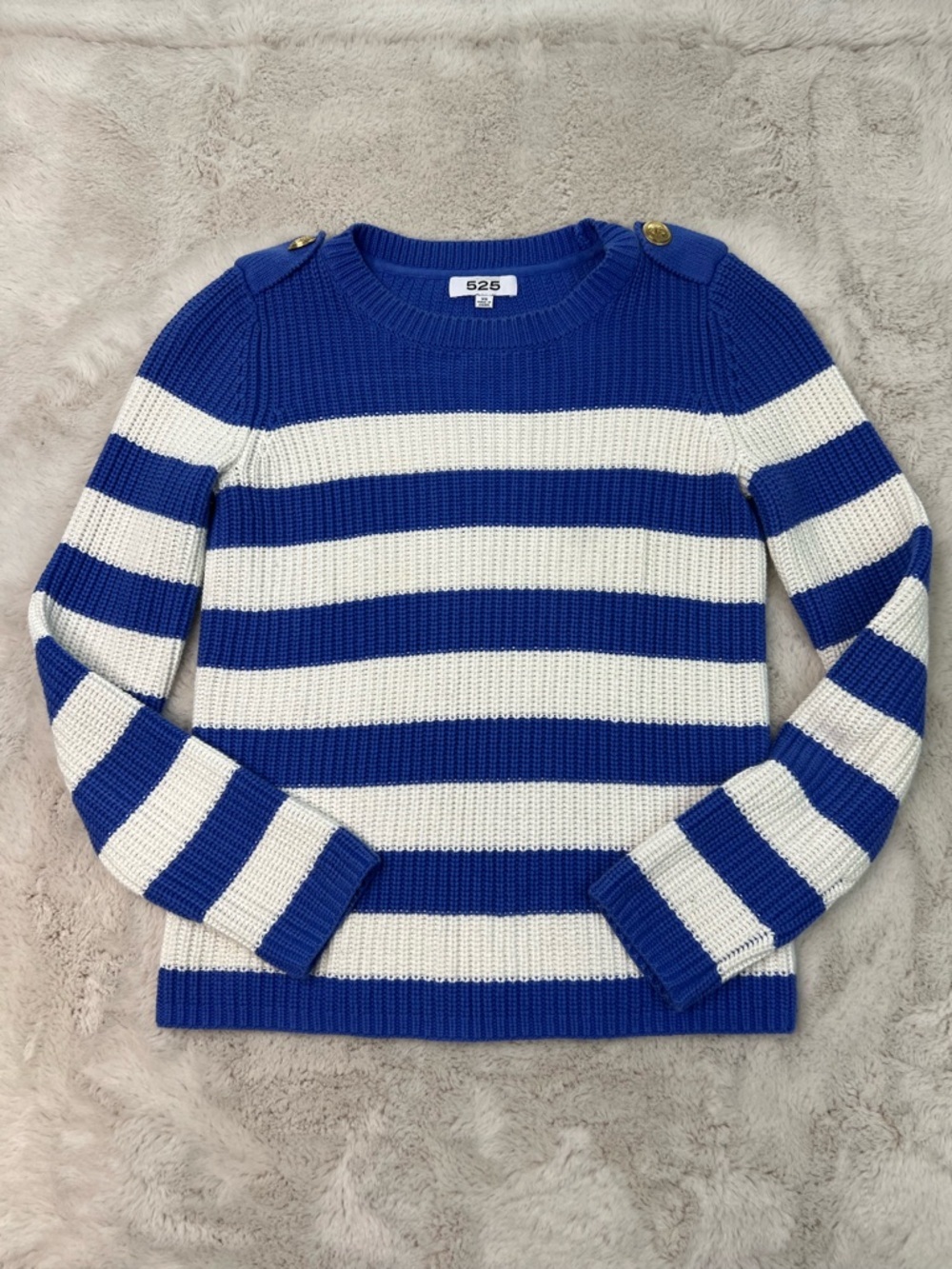 525 Anthropologie Knit Sweater Size XS Blue White Striped Gold Button Nautical - Picture 2 of 9